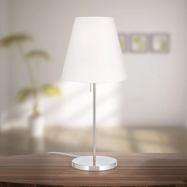 Stona lampa SHADE, velika, saten hrom, konusni beli abažur