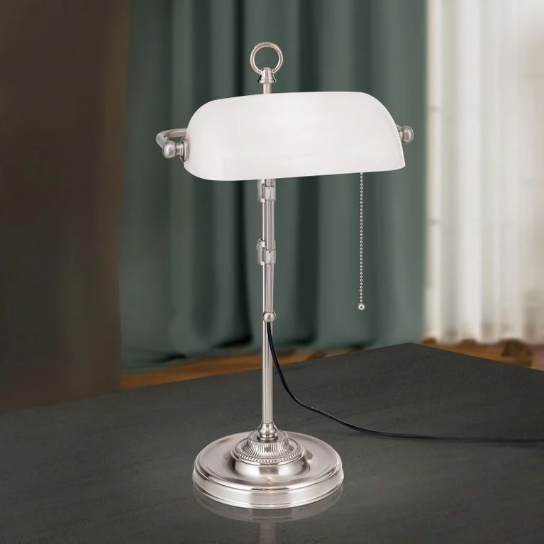 Bankarska lampa HARVARD, satin hrom, opalno belo staklo, visina 53 cm