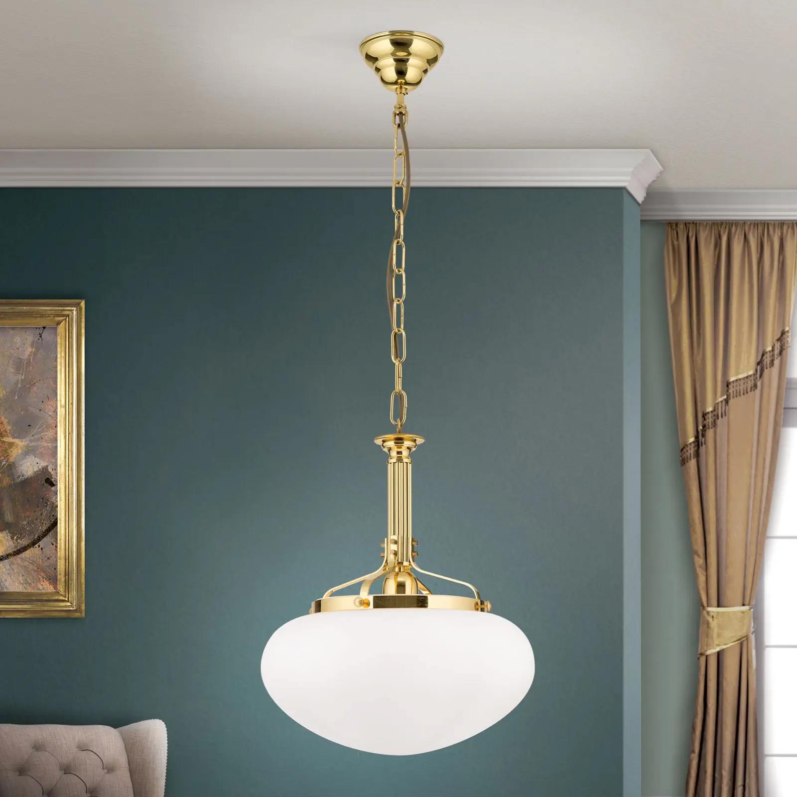 Viseća lampa WIENER NOSTALGIE, sjajni mesing, sa opal mat staklom, 33cm