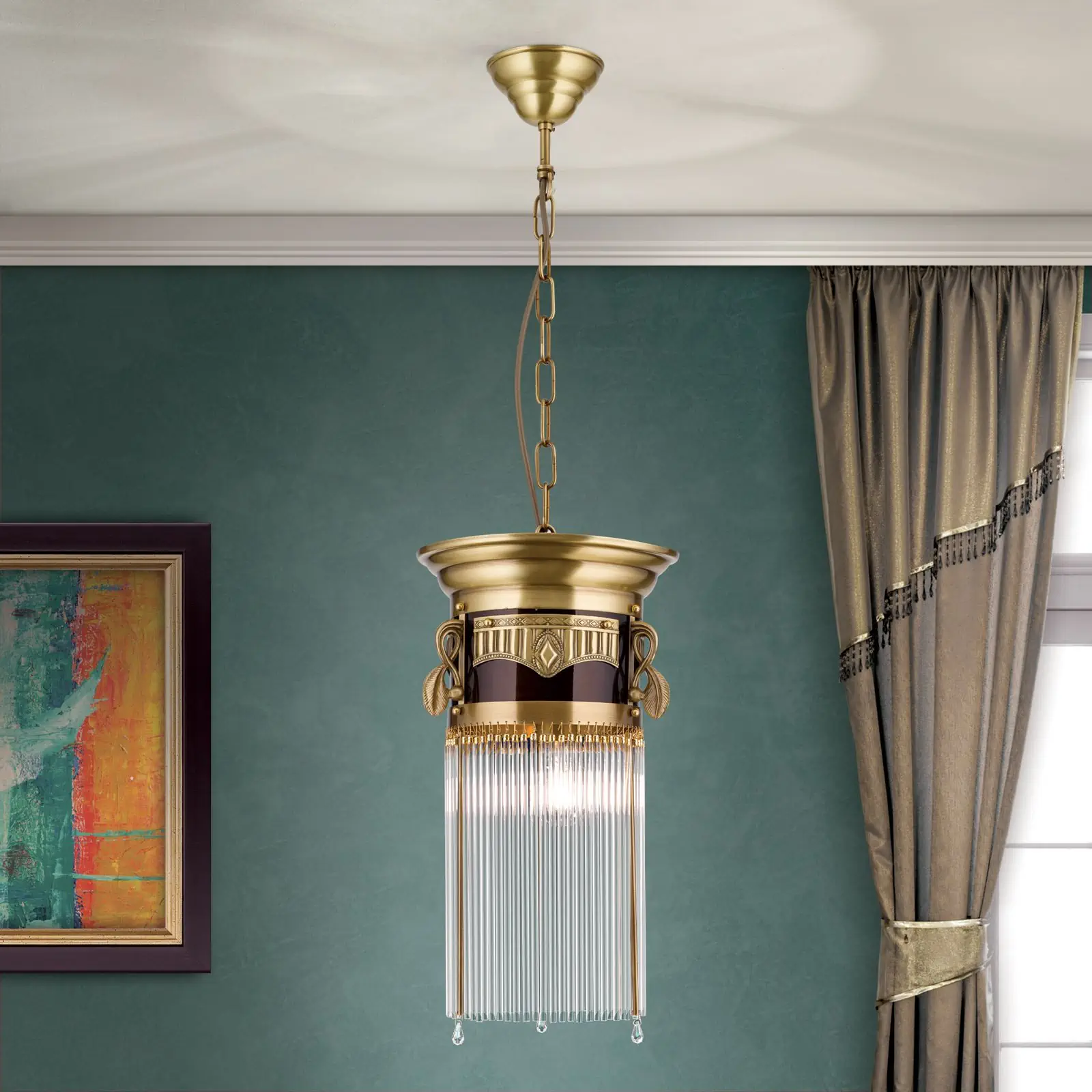 Viseća lampa ADELE, antik mesing, sa staklenim štapićima, 26cm