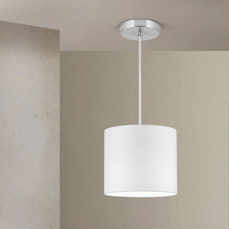 Viseća lampa SHADE, mala, 1 izvor svetla (E27), satin hrom završna obrada, beli cilindrični abažur