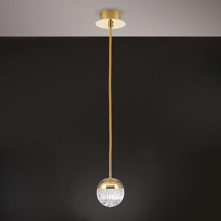 Viseća lampa BALL, 1 izvora svetla, okrugla rozetna, 24-karatno pozlaćena, prozirno kristalno staklo (ručno sečeno)