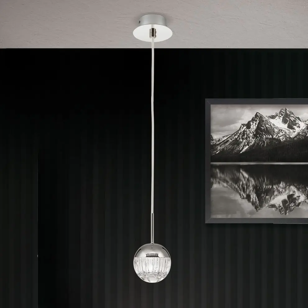 Okrugla viseća lampa BALL, nikal, sa prozirnim kristalnim staklom sa linijskim brušenjem