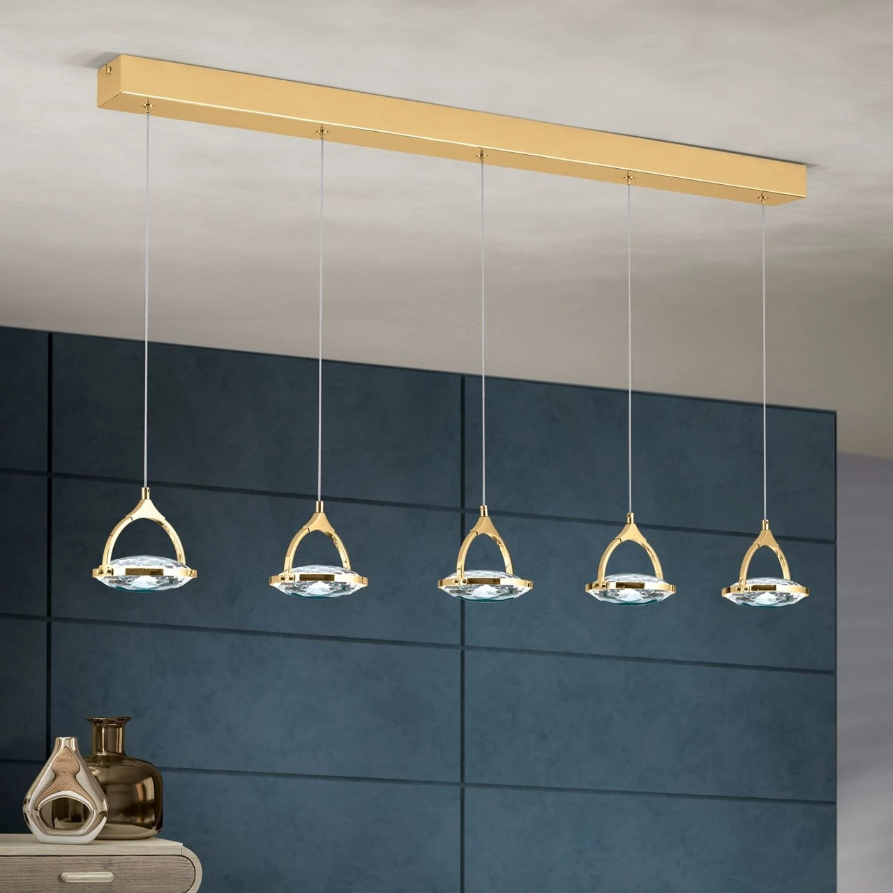 LED viseća lampa MOON, 5 izvora svetla, zlatna