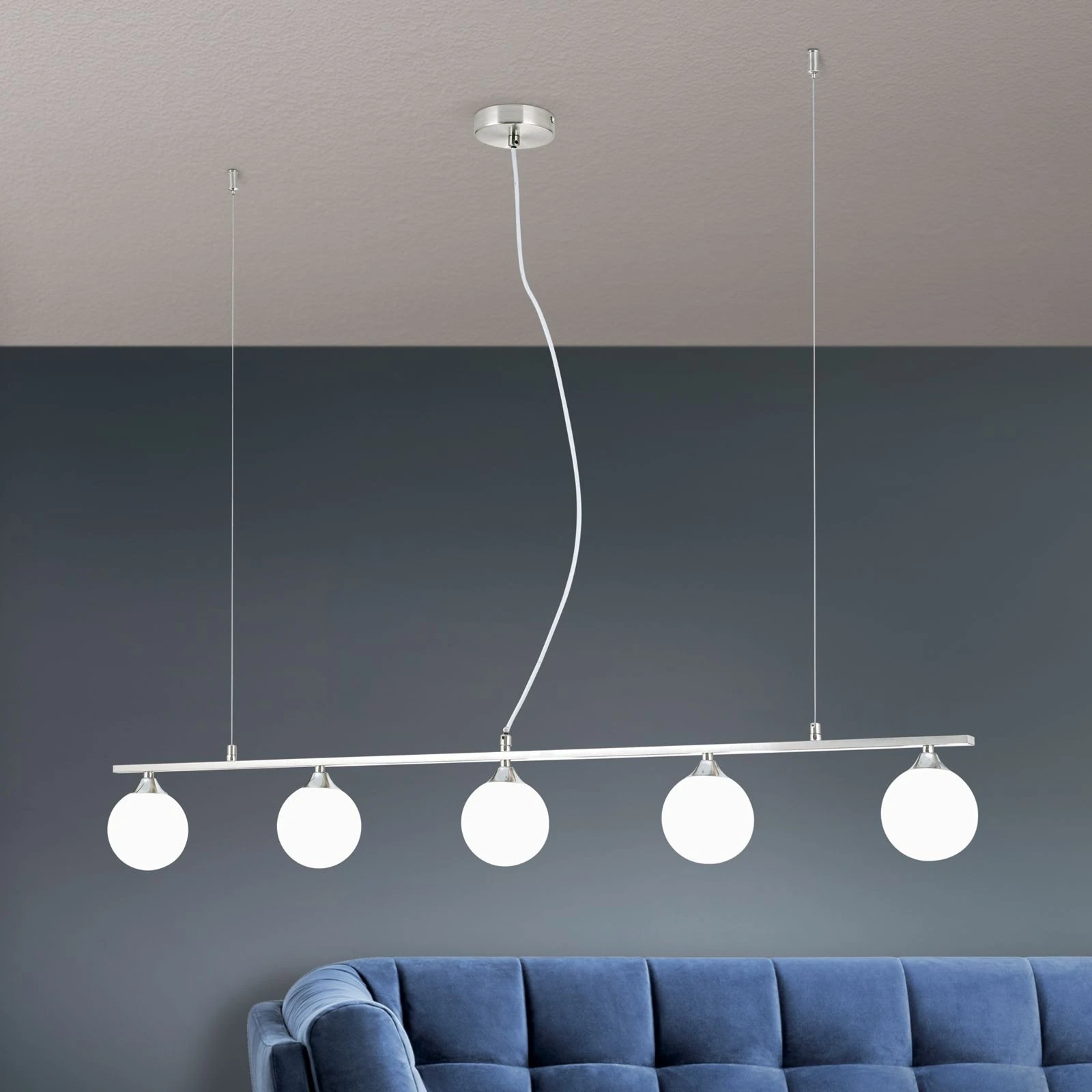 Viseća lampa SNOWWHITE, 5 izvora svetla, satin hrom, mat opal staklo