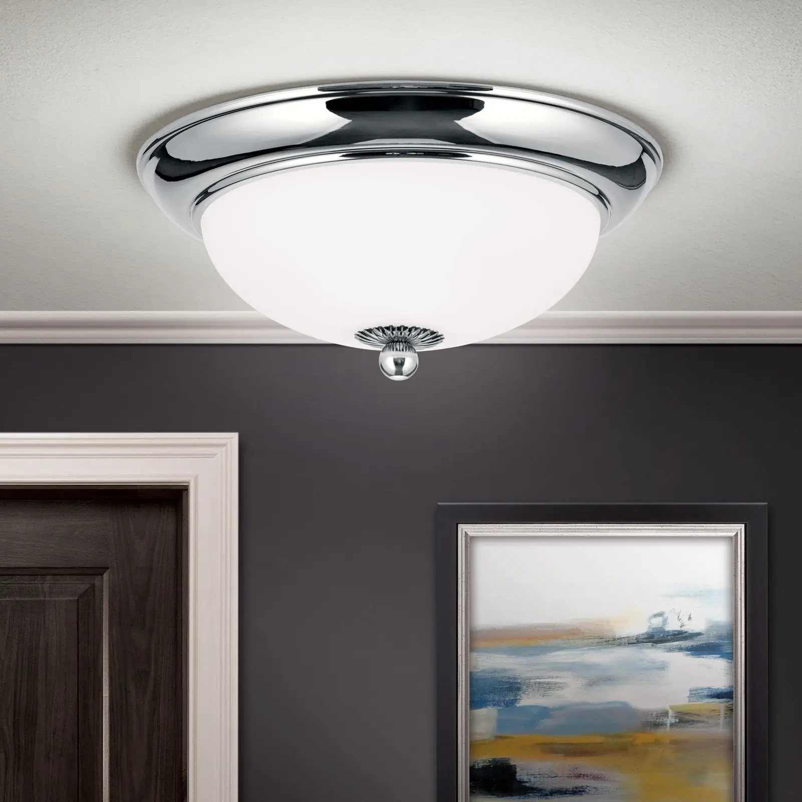 Plafonska lampa EMPIRE, hrom, sa opalno mat staklom, sa ukrasnim dugmetom, Ø 26 cm