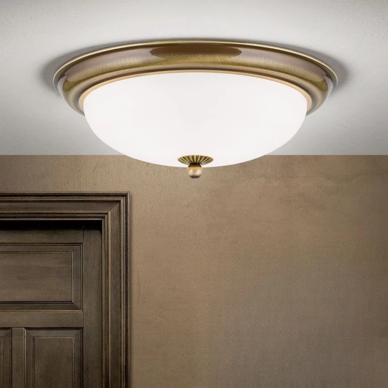 Plafonska lampa EMPIRE, antik mesing, sa opalno mat staklom, sa ukrasnim dugmetom, Ø 35 cm