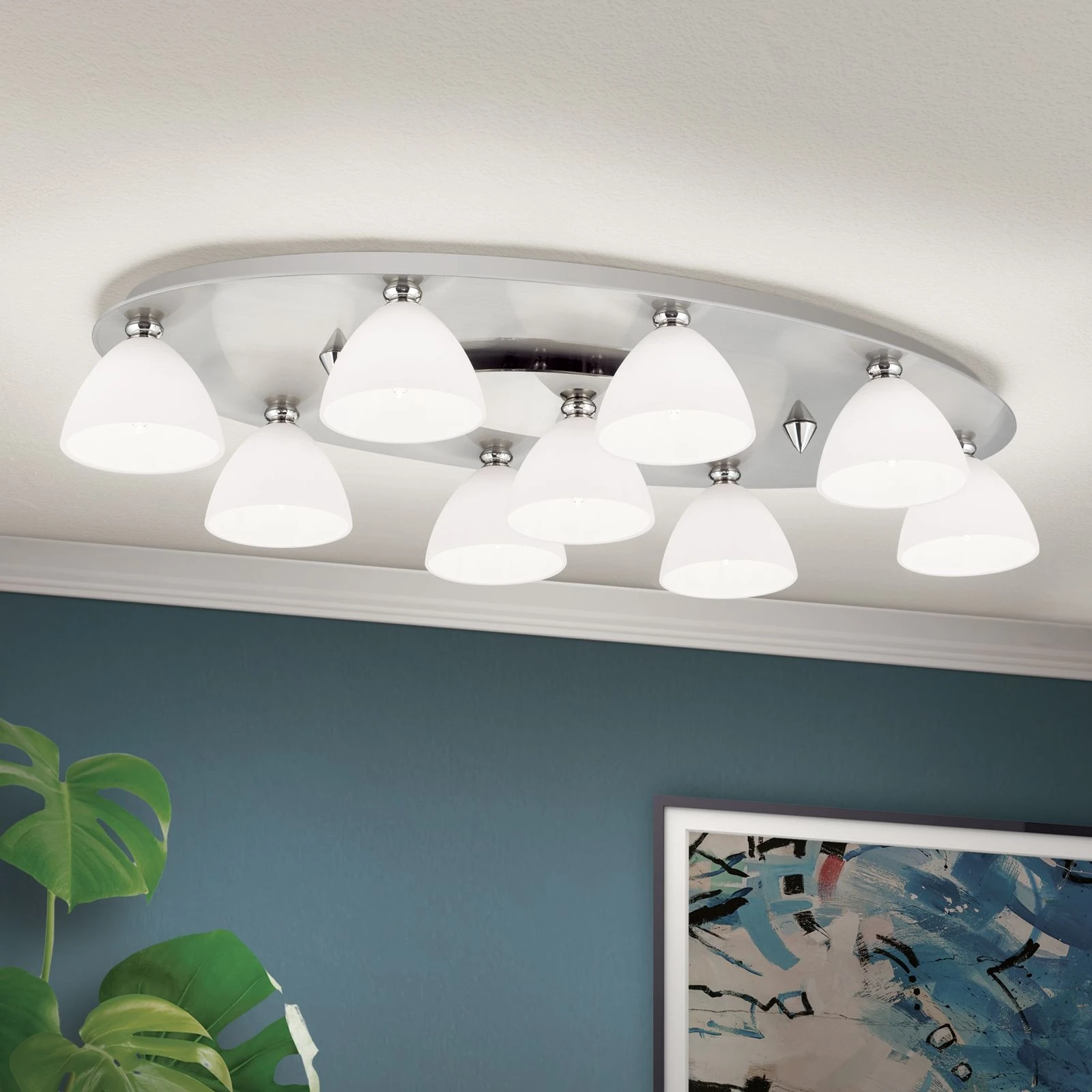 Plafonska lampa OPALDESIGN, 9 izvora svetla, saten hrom, opal staklo