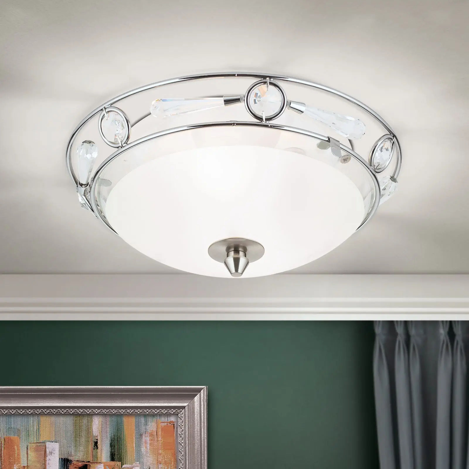 Plafonska lampa OPALDESIGN, satinirana, sa transparentnim mat staklom, Ø 25 cm