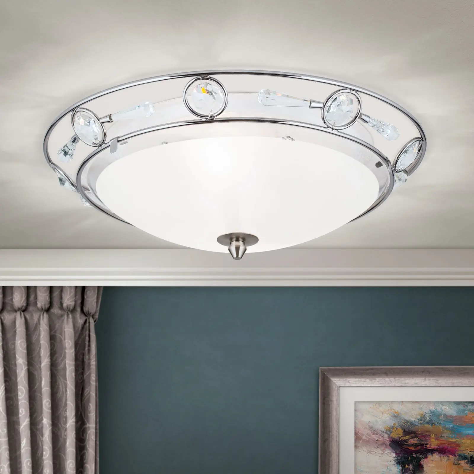 Plafonska lampa OPALDESIGN, satinirana, sa transparentnim mat staklom, Ø 38 cm