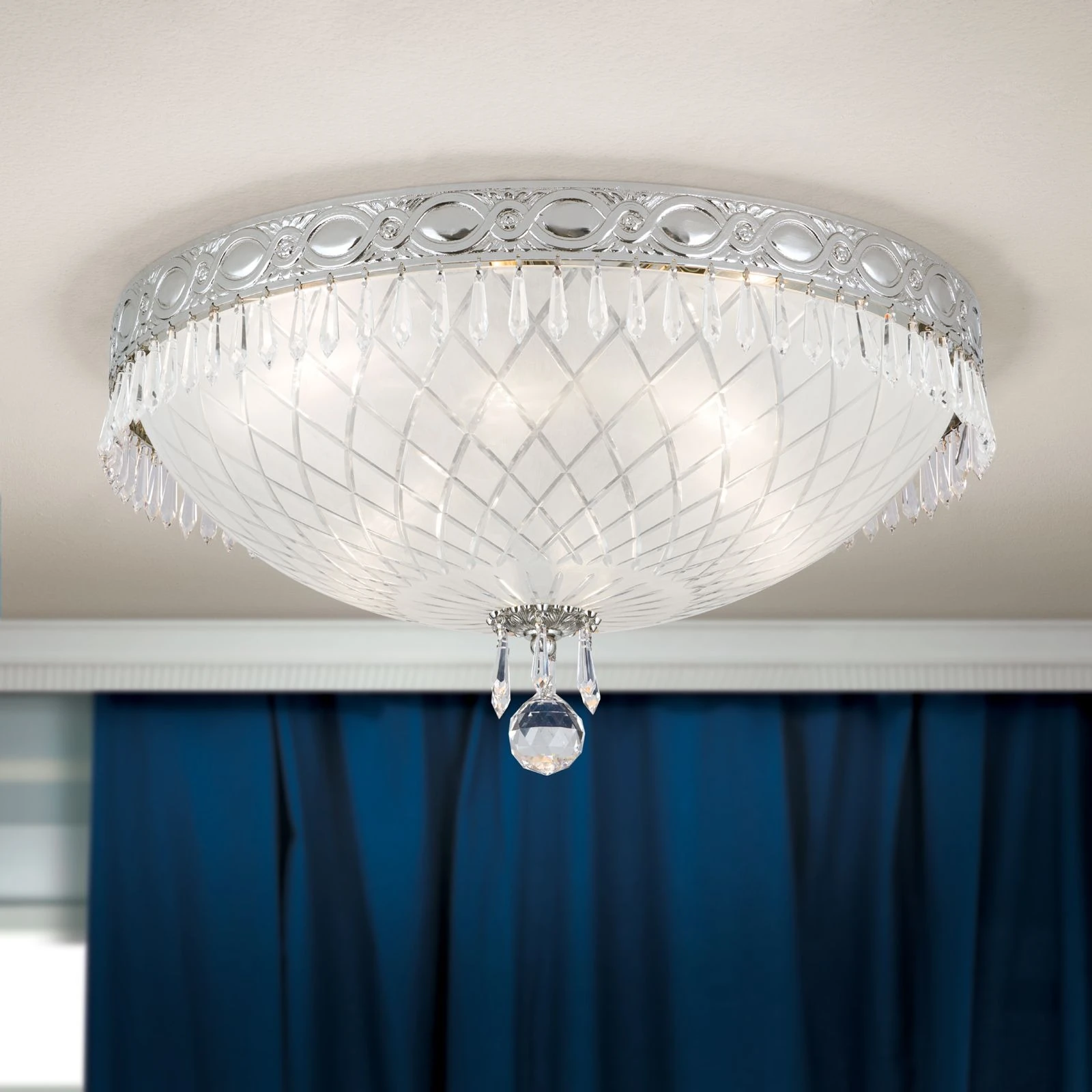 Plafonska lampa EMPIRE CRYSTAL, antik srebro, saten staklo, Ø 45 cm