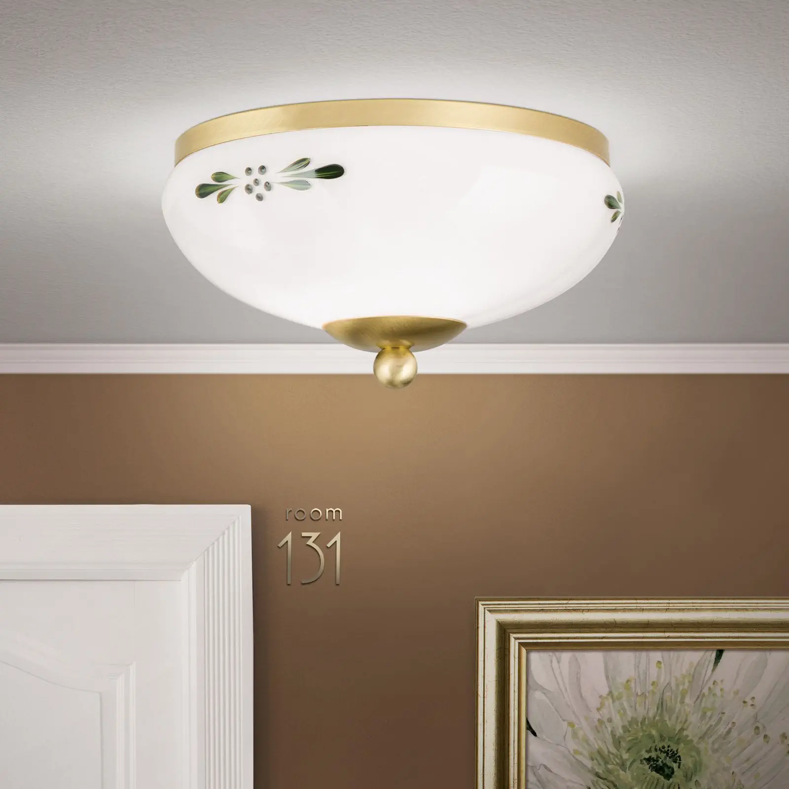 Plafonska lampa LANDHAUS, mesing, sa zelenom dekoracijom, sa ukrasnim dugmetom, Ø 21 cm