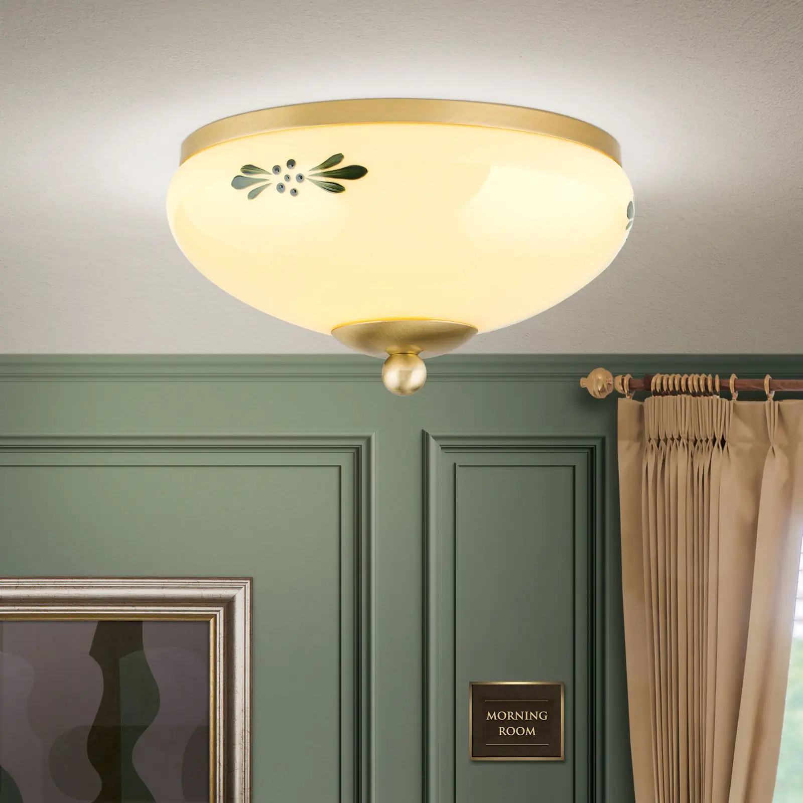 Plafonska lampa LANDHAUS, mesing, sa zelenom dekoracijom, sa ukrasnim dugmetom, Ø 21 cm