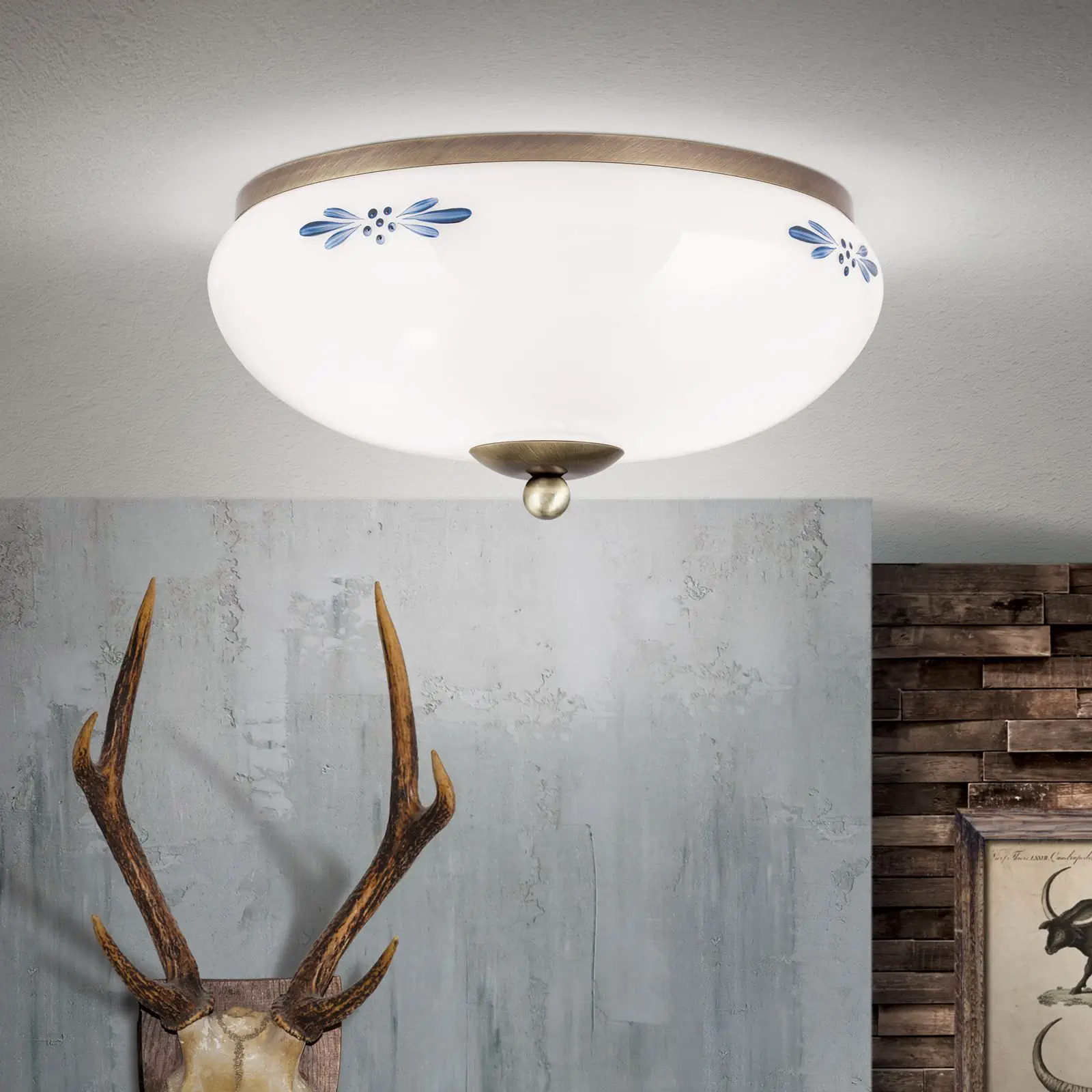 Plafonska lampa LANDHAUS, patina, sa plavom dekoracijom, sa ukrasnim dugmetom, Ø 28 cm