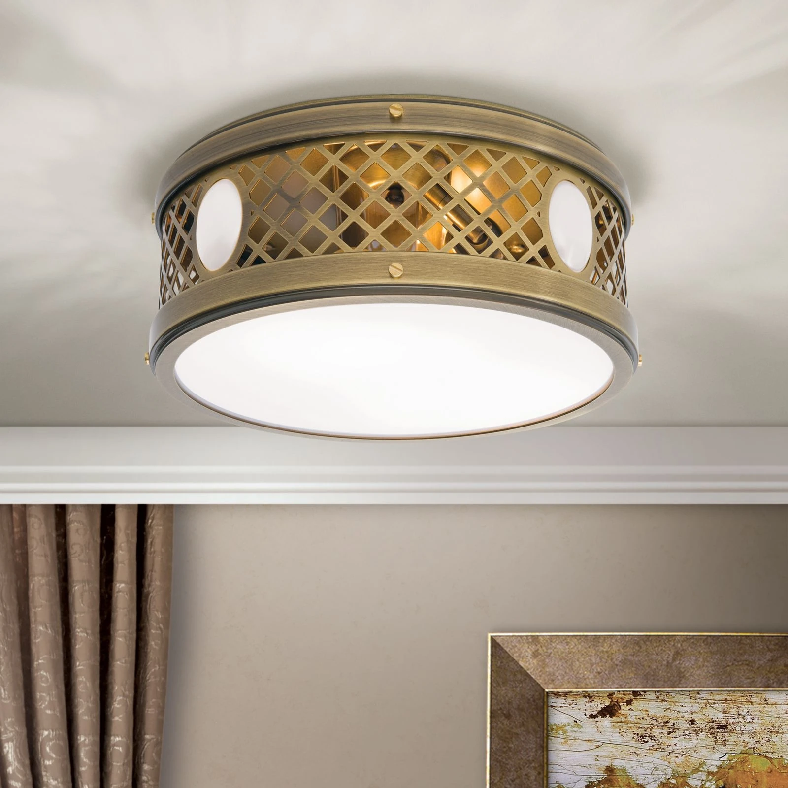 Plitka plafonska lampa ALT WIEN, antik mesing, 25 cm