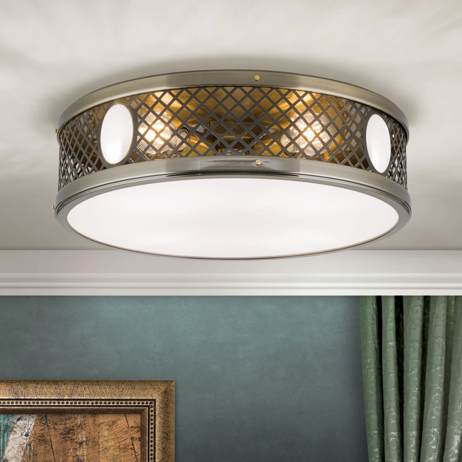 Plitka plafonska lampa ALT WIEN, antik mesing, 53 cm