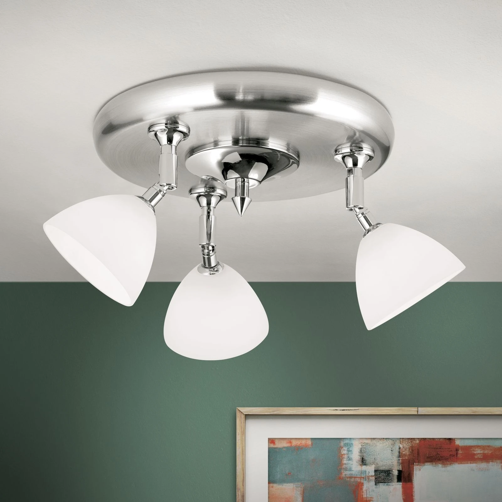 Spot lampa OPALDESIGN, 3 glave, okrugla, satin hrom, opalno staklo