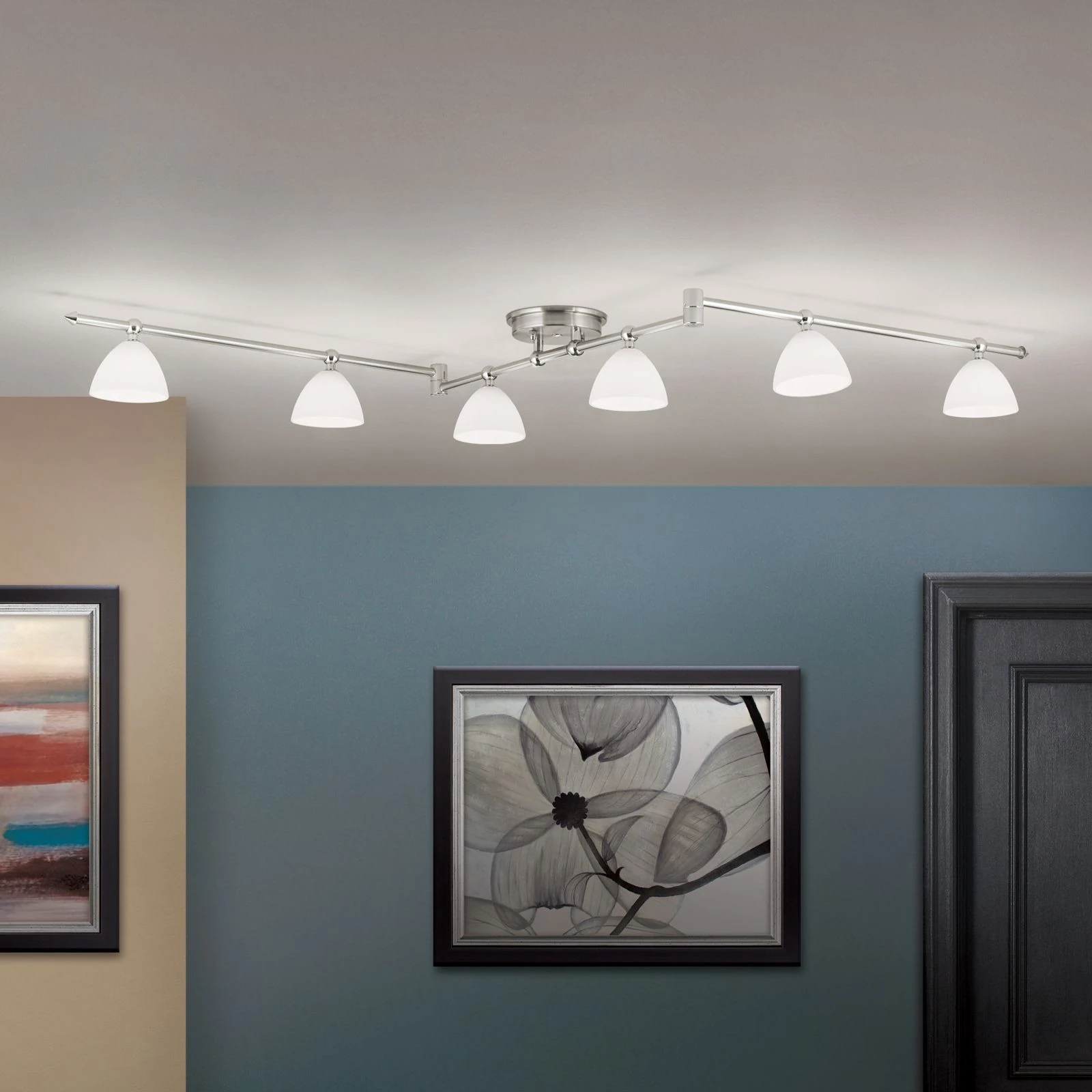 Spot lampa OPALDESIGN, 6 glave, satin hrom, opalno staklo