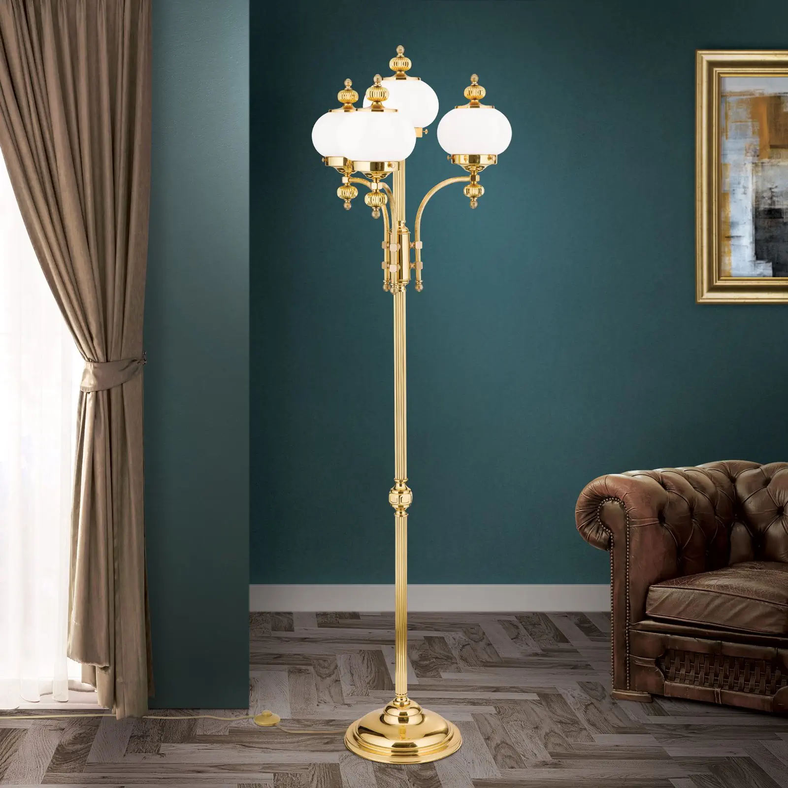 Podna lampa WIENER NOSTALGIE, 4 izvora svetla, sjajni mesing, sa opal mat staklom