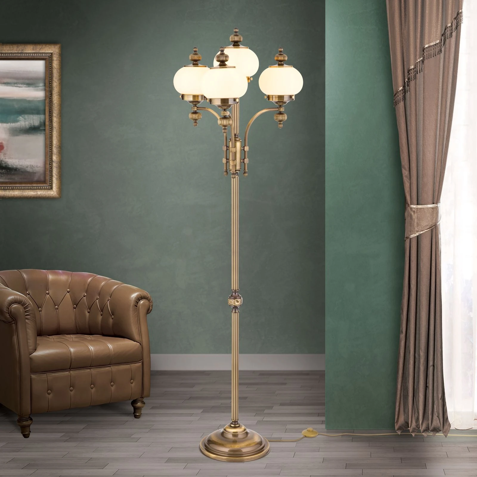 Podna lampa WIENER NOSTALGIE, 4 izvora svetla, antik mesing, šampanj mat staklo, sa prekidačem
