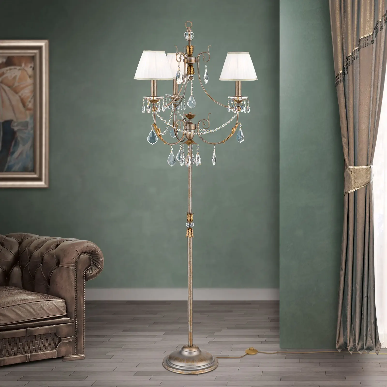 Podna lampa MIRAMARE, srebrno-zlatna, 3 izvora svetla, sa belim organza abažurima