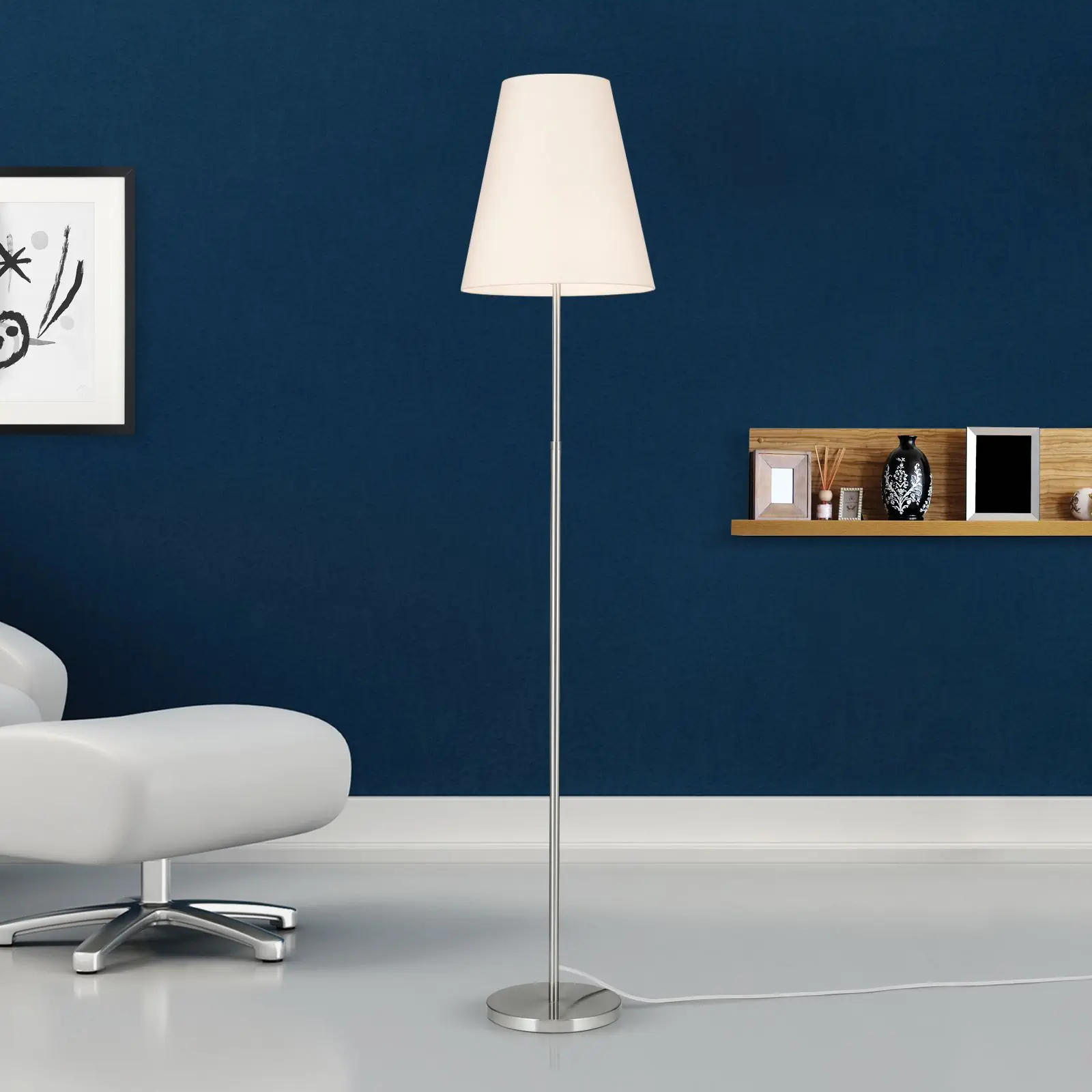 Podna lampa SHADE, saten, podesiva po visini, sa konusnim belim abažurom