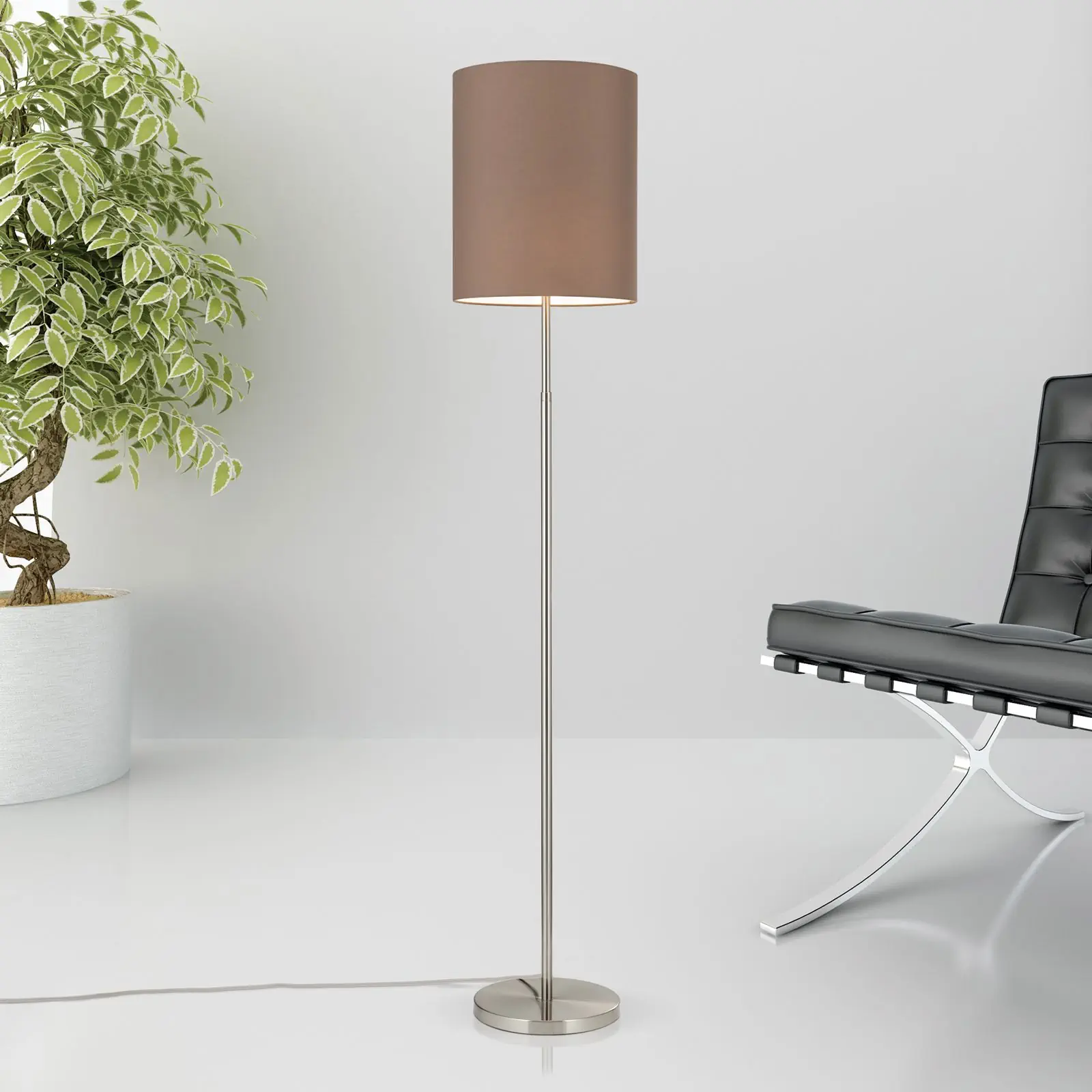 Podna lampa SHADE, saten, podesiva po visini, sa cilindričnim braon abažurom